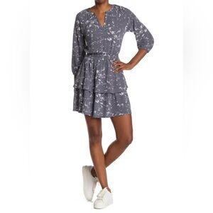 Collective Concepts Printed Smocked Waist Tiered Blue 3/4 Sleeve Mini Dress Med